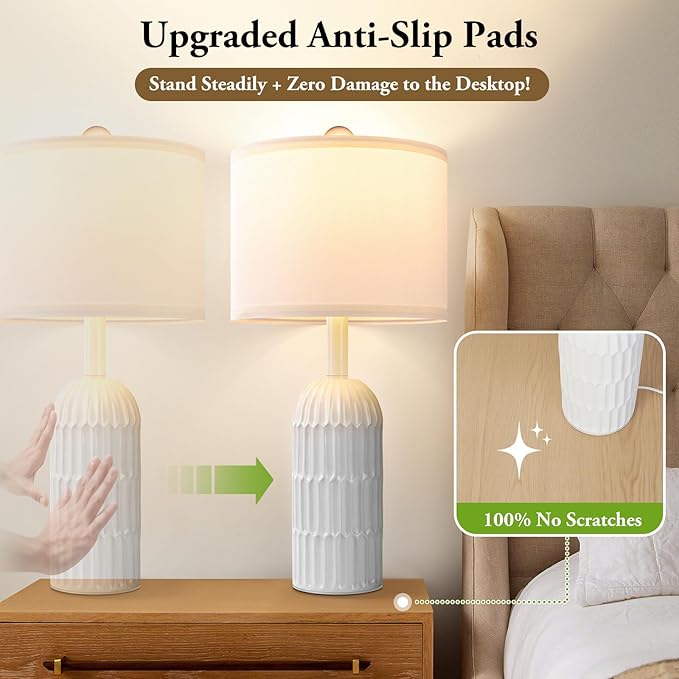 22.5" White Modern Table Lamps Set of 2 for Living Room Bedroom, Farmhouse Vintage Bedside Table Lamps with White Linen Shade, Rustic Bedroom Table Lamp for Nightstand Home Office End Table Dorm - Bloomnest