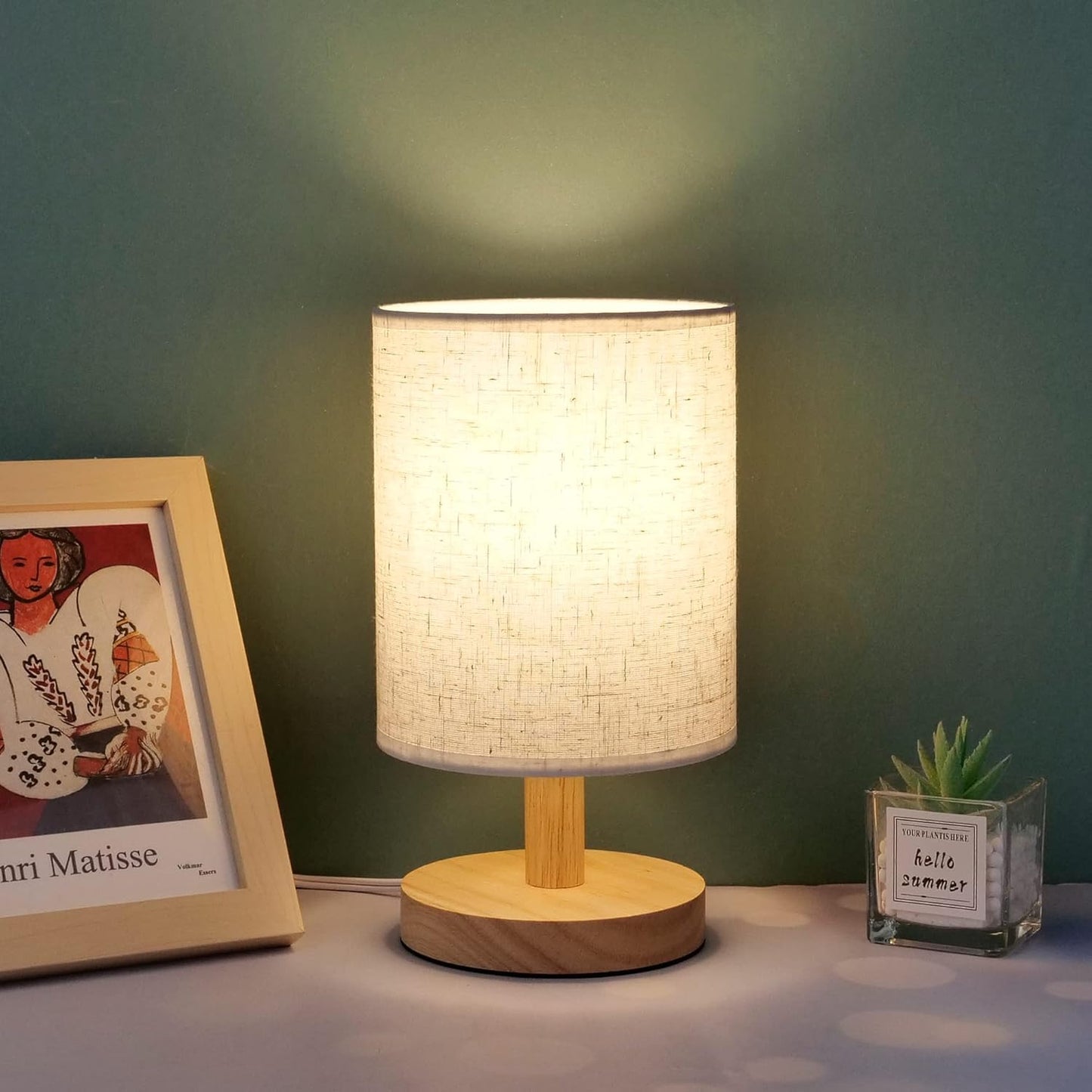 Small Table Lamp Mini Bedside Night Light Wooden Simple Desk Nightstand Lighting with Linen Shade for Bedroom, Living Room, Kids Room (Including LED Bulb) (Round)