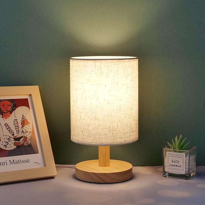 Small Table Lamp Mini Bedside Night Light Wooden Simple Desk Nightstand Lighting with Linen Shade for Bedroom, Living Room, Kids Room (Including LED Bulb) (Round) - Bloomnest