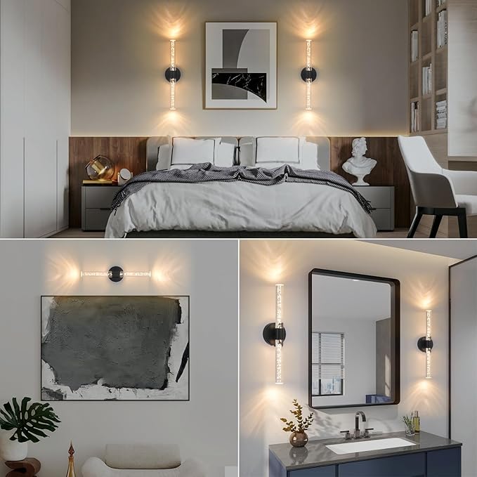 Battery Operated Wall Sconces Set of 2, Black 20'' Rechargeable Crystal Bubble Wall Sconce with Remote Control, 3000K-6000K Dimmable LED Wireless Wall Lights for Living Room Bedroom Bathroom Hallway - Bloomnest