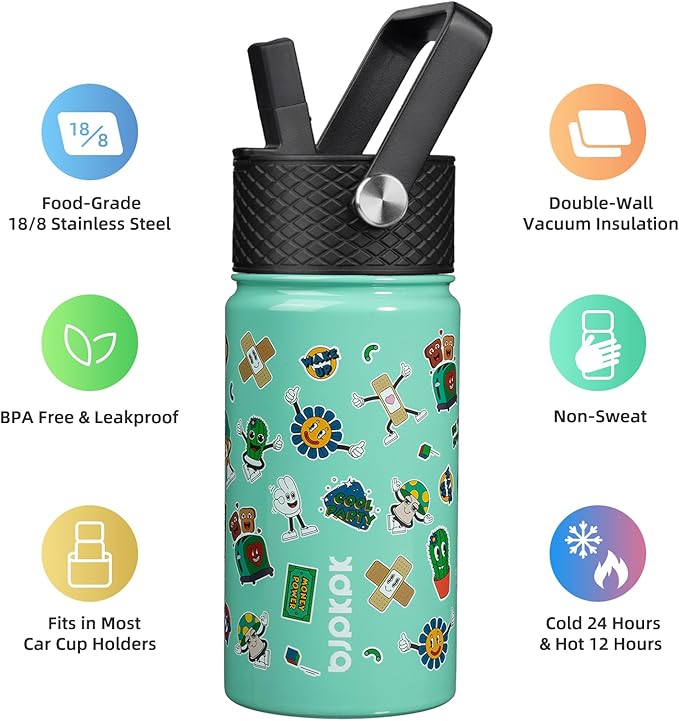 BJPKPK Insulated Water Bottle with Straw Lid, 15 oz Stainless Steel Metal Water Bottles, Reusable Leak Proof BPA Free Water Bottles, Cups, Thermo, Spring Party-Green - Bloomnest