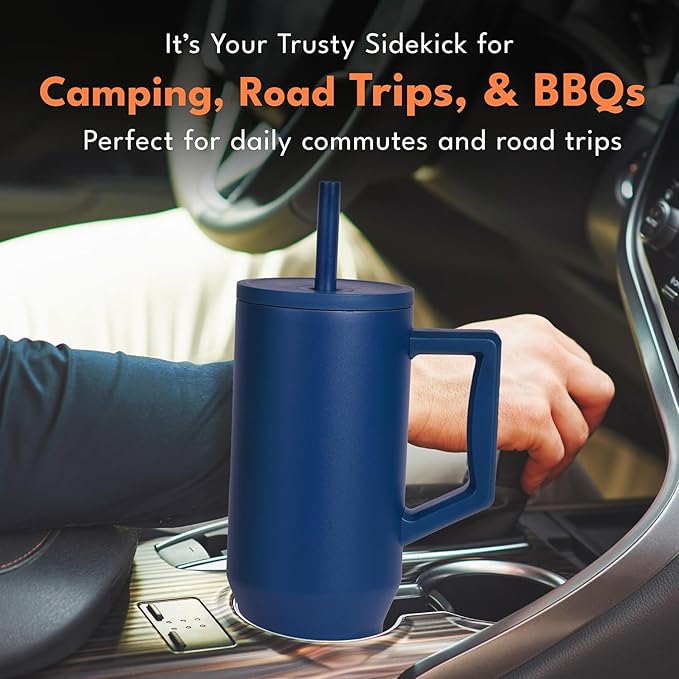 Elemental 40 oz Tumbler with Handle and Straw - Spill Proof Insulated Stainless Steel Commuter for Hot and Cold Beverages - Travel Coffee Mug with 2 Straws & Spill Proof Lid - 40oz - Navy Blue - Bloomnest