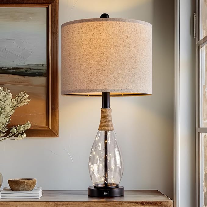 OYEARS 23" Farmhouse Table Lamps for Living Room,Boho Rattan Bedside Lamps with USB-C & USB-A Ports, Glass Nightlight, Dual Light Sources, Black - Bloomnest
