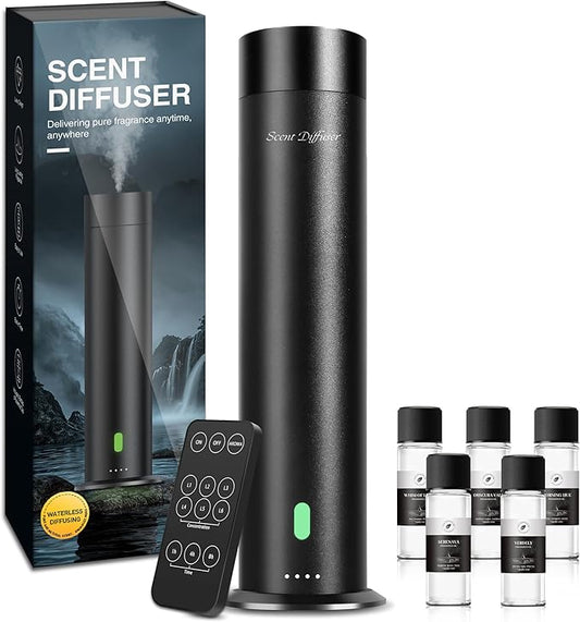 Waterless Scent Diffuser Starter Kit - 1000 Sq Ft Coverage, Hotel Scent Diffuser, Essential Oil Diffuser Large Room, Included 5 Scent Oils, Remote Control, Black, 11.30In - Bloomnest