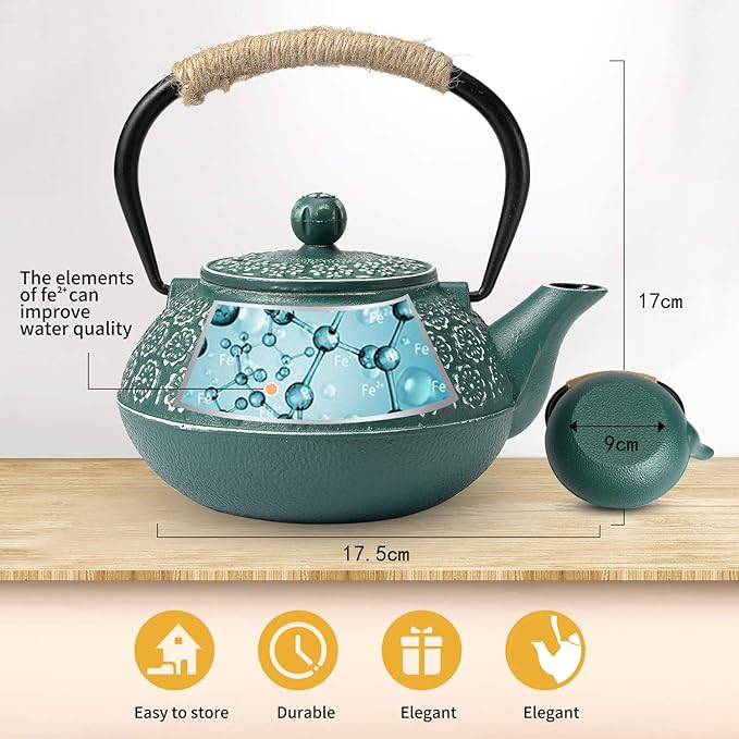 Sotya Cast Iron Teapot, 30oz/900ml Japanese Tetsubin Tea Pot with Infuser for Loose Leaf and Tea Bags, Tea Kettle Coated with Enameled Interior for Stove Top, Dark Green - Bloomnest
