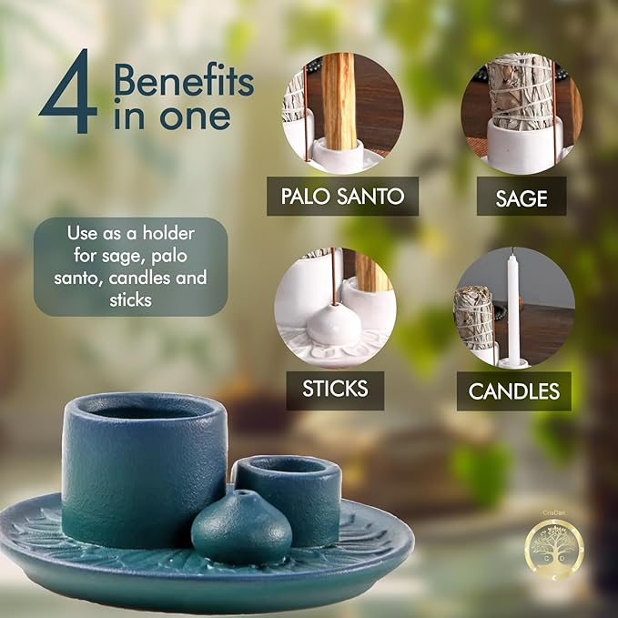 4-in-1 Palo Santo Holder, Sage & Incense Stick Burner – Ceramic White Ash Catcher Tray for Meditation, Yoga, Smudging & Spiritual Cleansing – Incense Holder for Sticks & Sage - Bloomnest