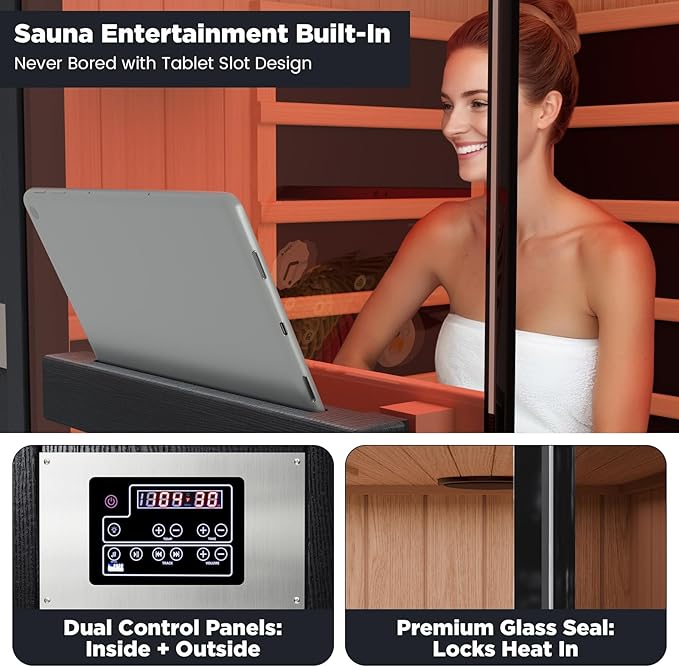 2-Person Full Spectrum Infrared Sauna, 1990W 120V with 12"*12" Red Light Therapy, 2 Speakers, Indoor Dry Sauna for Home & Gym, Canadian Hemlock Wood DAIMOT