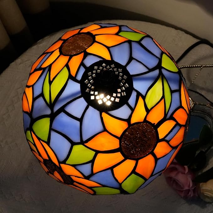 Tiffany Lamp Bedside Table Lamp-Nightstand,Stained Glass Lamp for Bedroom Dorm Living Kitchen, Aesthetic Cute Home Decor Gift (Blue Background Sunflower) - Bloomnest