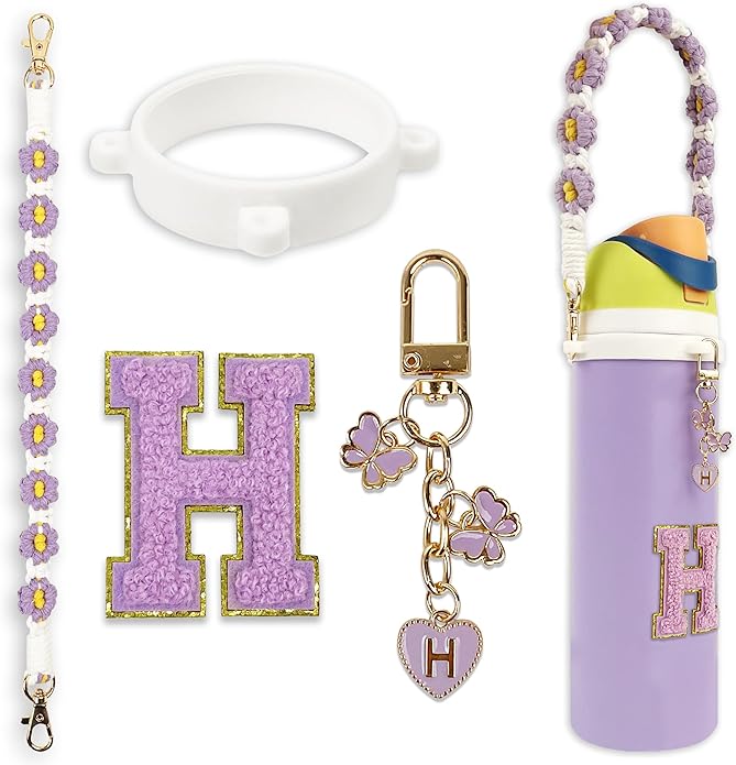 Compatible with Owala Water Bottle Accessories, Cute Letter Charm Set with Boho Handle Strap, Monogram Sticker, Silicone Ring, Keychain Decoration, for FreeSip 24 32 40oz, Owala Kids, Tumbler Gift SITKOL