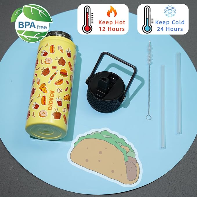 BJPKPK Insulated Water Bottle with Straw Lid, 18 oz Stainless Steel Metal Water Bottles, Reusable Leak Proof BPA Free Water Bottles, Cups, Thermo, Yummy - Bloomnest