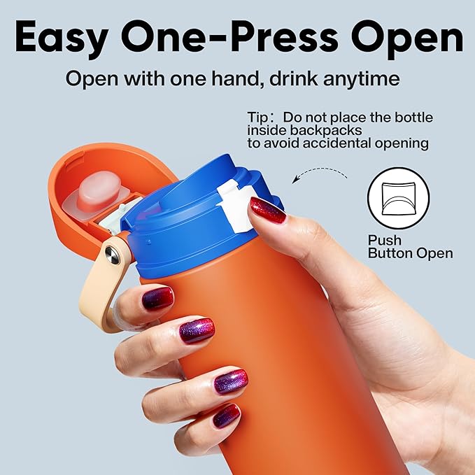 Insulated Water Bottle with Straw - Encool Stainless Steel Water Bottle with Push Button Lid, Leak-Proof & BPA-Free, Keeps Cold for 24 Hours for Sports, Travel, Gym (24 oz, Salmon) ENCOOL