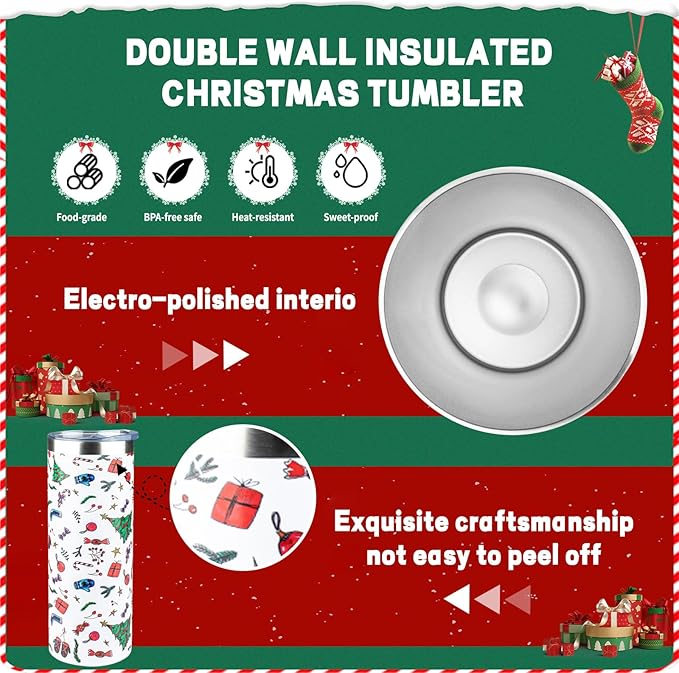 20oz Christmas Skinny Tumbler with Lid and Straw,Stainless Steel Vacuum Insulated Tumbler Cup Double Wall Travel Coffee Mug Christmas Gifts for Women Men(Xmas Elements,2)