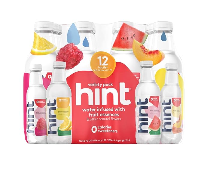 Hint Water Original Variety Pack (Pack of 12), 16 Ounce Bottles, 3 Bottles Each of: Peach, Raspberry, Watermelon, and Lemon, Zero Calories, Zero Sugar and Zero Sweeteners - Bloomnest