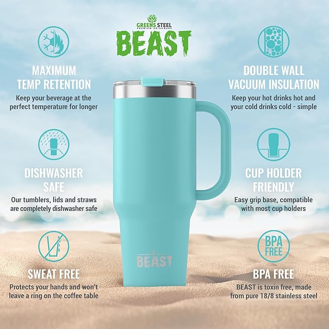 Beast 50 oz Tumbler Stainless Steel Vacuum Insulated Coffee Ice Cup Double Wall Travel Flask (Aqua Blue) - Bloomnest
