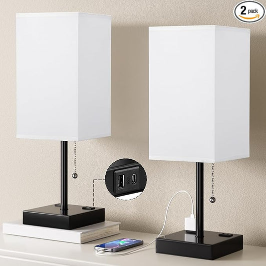 Plus Bedside Table Lamps Set of 2 - White Bedroom Lamps with 3 Colors, Square Nightstand Lamp with USB C + A Charging Ports and 2 AC Outlets, Pull Chain Night Light for End Table - Bloomnest