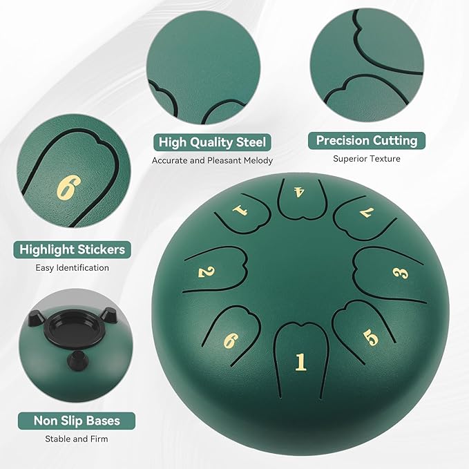 Rain Drum For Outside, Steel Tongue Drum 6 Inch 8 Notes, Tongue Drum with Mallets for Musical Education Entertainment Gifts (Dark Green, 6 Inch)