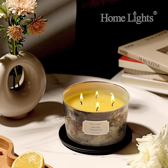 HomeLights Large jar Candle | 4-Wick Long-Lasting Scented Candles, 18oz Natural Soy Wax Candle for Home Scented, Industrial Chic Gifts for Women & Men, Smoke Vanilla - Bloomnest