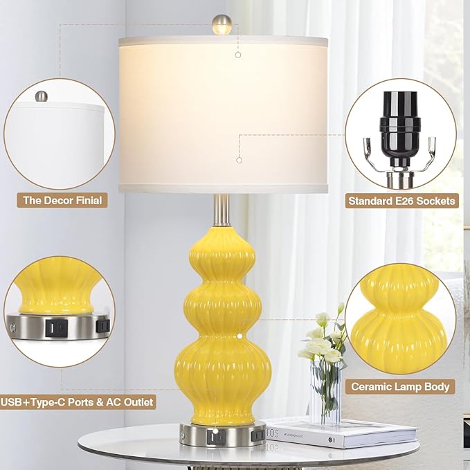 26" Set of 2 Yellow Ceramic Table Lamps with USB A+C Ports & AC Outlet, 3-Way Dimmable Gourd Bedside Nightstand Lamps with White Shade for Bedroom, Living Room, Office - Bloomnest