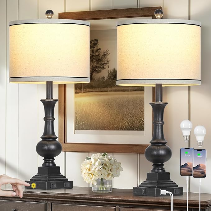 Farmhouse Lamps Set of 2, Vintage Rustic Black Table Lamps with USB A+C Fast Ports & AC Outlets, Traditional Nightstand Bedside Lamp for Living Room Bedrooms Home Office(2 LED Bulbs Included) - Bloomnest