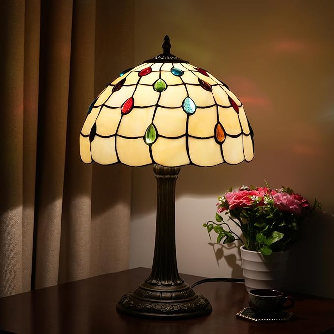 Tiffany Lamp Stained Glass lamp 12 inches Bedside Table Lamps for Living Room Bedroom Dorm Kitchen Home Decor Festival Birthday Gift,Colorful Beads - Bloomnest