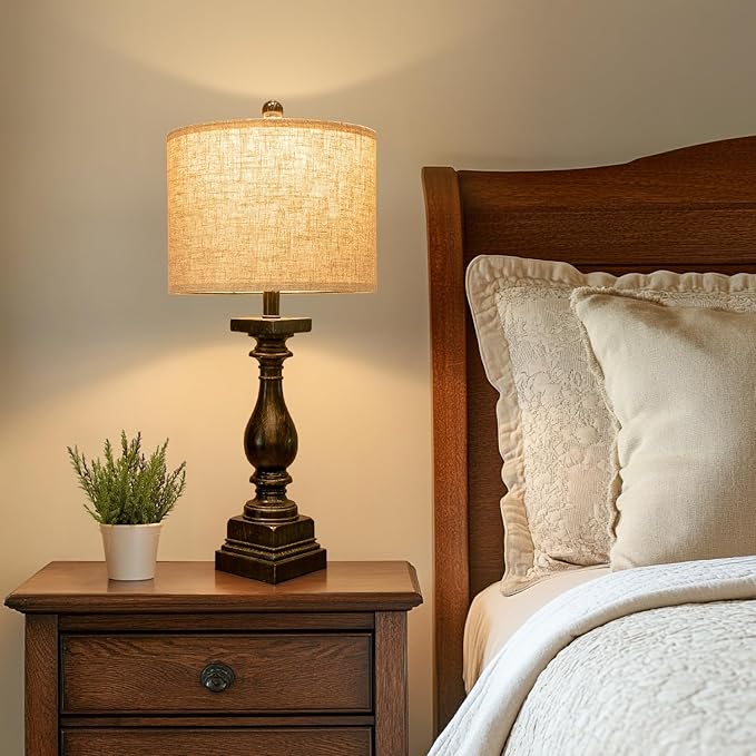 BOBOMOMO 27" Farmhouse Table Lamp Set of 2 with USB A+C for Bedroom Living Room Vintage Rustic Traditional Nightstand Bedside Lamps Retro Side Table Lamps (Black)