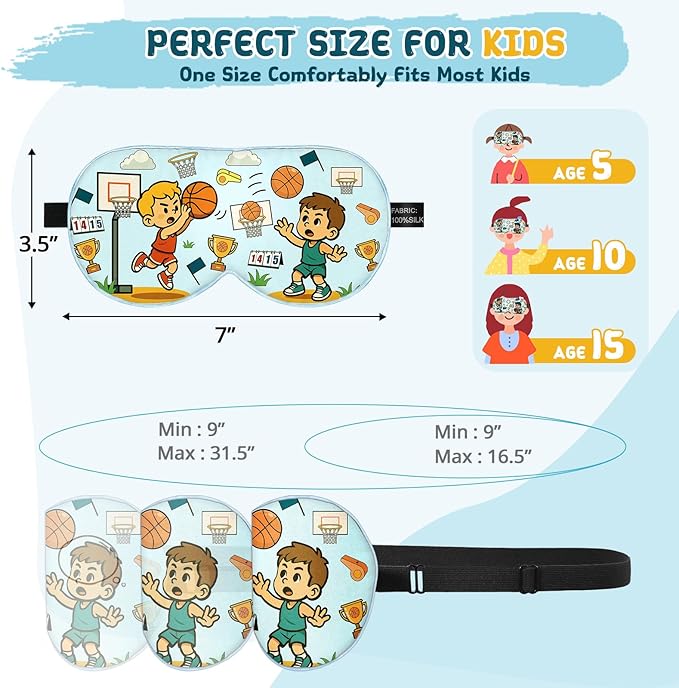 Kids Sleep Mask – 100% Mulberry Silk Eye Mask with Adjustable Strap, Soft Light Blocking Sleeping Mask for Children, Cute Printed Eye Cover for Boys Girls Ages 5-15 (Basketball Style) - Bloomnest