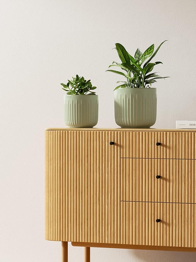 LE TAUCI Fluted Ceramic Planters Set of 3 – 8.3/7 / 5.7 in Sage Green Reactive Cylinder Indoor Plant Pots with Drainage Plug & Mesh, Glossy Stoneware Flower Pots for Succulents Herbs - Bloomnest