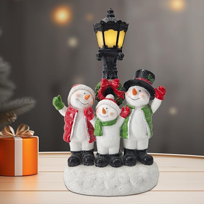 Snowman Family with Lighted Lamp Post - Set of 3 Snowman Figurines and LED Lighted Streetlamp - Christmas Village Decor for Mantel, Holiday Display - Bloomnest