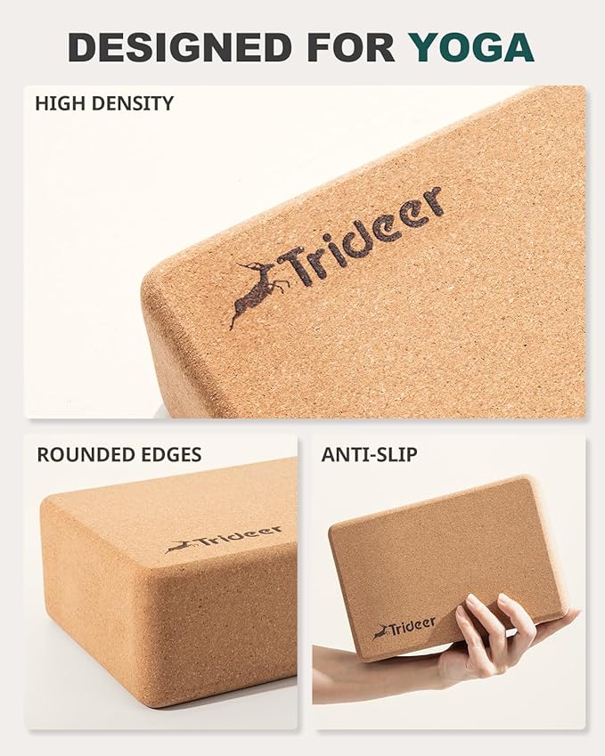 Trideer Cork Yoga Blocks, 2 Pack Natural Cork Blocks, High Density with Non Slip Surface, Eco-Friendly Accessories and Ideal for Yoga, Pilates, Stretching