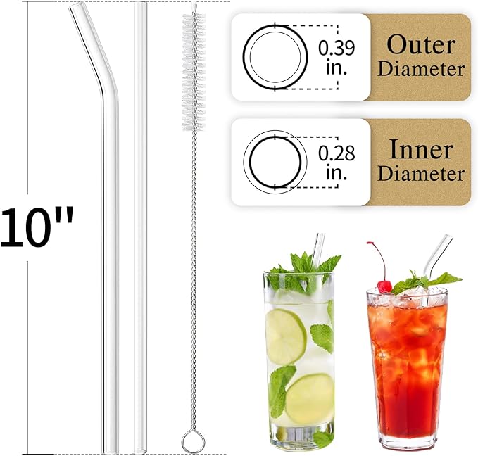 Piteno® 16-Pack Reusable Glass Straws, Clear Glass Drinking Straws, 10''x10MM, Set of 6 Straight and 6 Bent with 4 Cleaning Brushes, Perfect for Smoothies, Milkshakes, Juice, Tea Piteno
