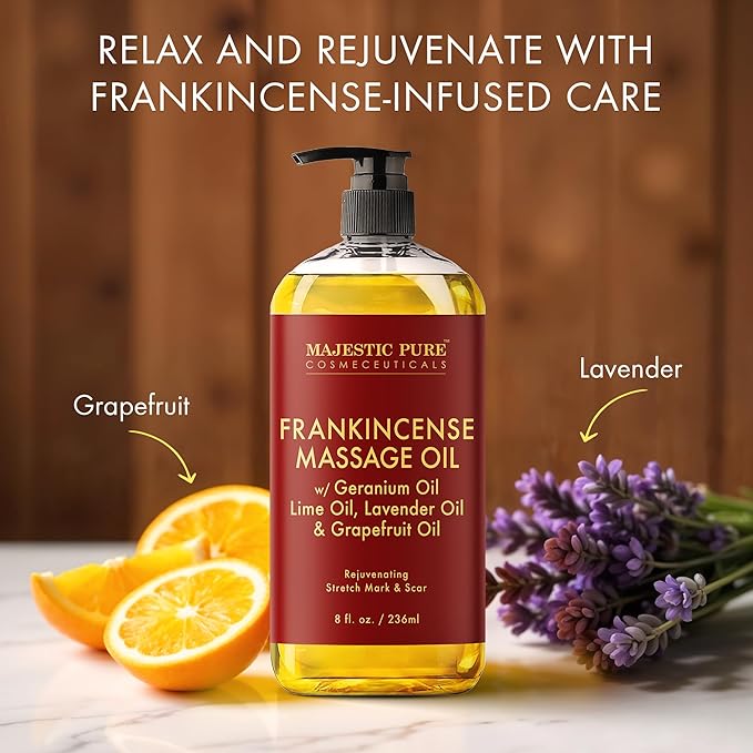MAJESTIC PURE Frankincense Scar and Stretch Massage Oil for Massage Therapy - Refreshing, and Relaxing - Natural Oils with Frankincense Essential Oil - for All Skin Types - Men and Women - 8 fl oz - Bloomnest