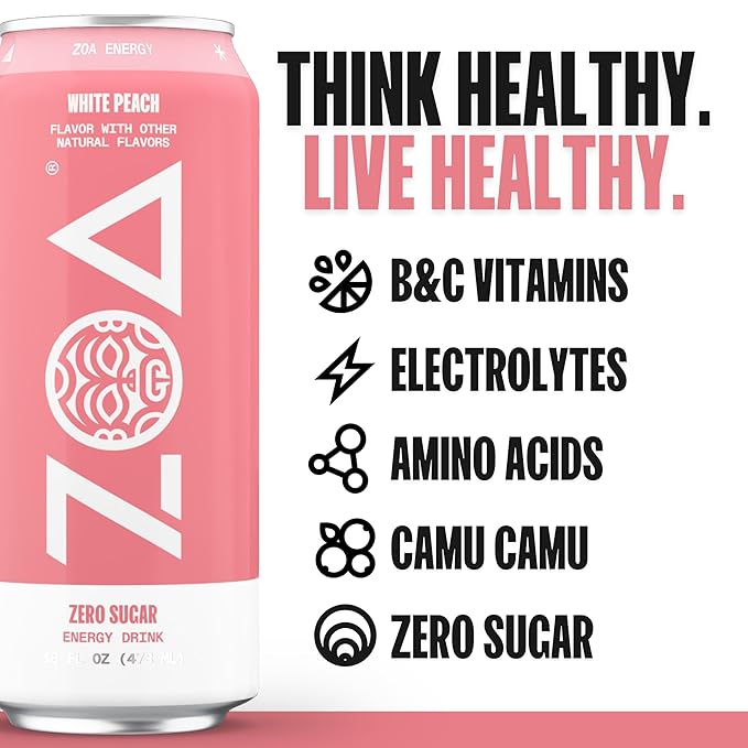 ZOA Zero Sugar Energy Drinks, White Peach - Sugar Free with Electrolytes, Healthy Vitamin C, Amino Acids, Essential B-Vitamins, and Caffeine from Green Tea - 16 Fl Oz (12-Pack) - Bloomnest