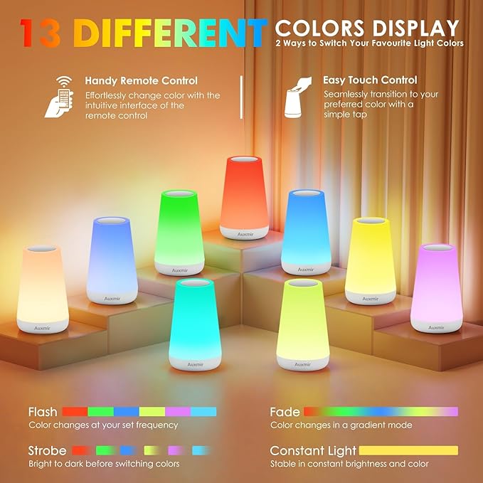 Auxmir Night Light, Dimmable Touch Lamp for Bedroom, Portable Rechargeable Bedside Table Lamp for Baby Nursery, 13 RGB Colors & 5 Brightness, Night Lights for Bedroom Living Room Bathroom Hallways - Bloomnest