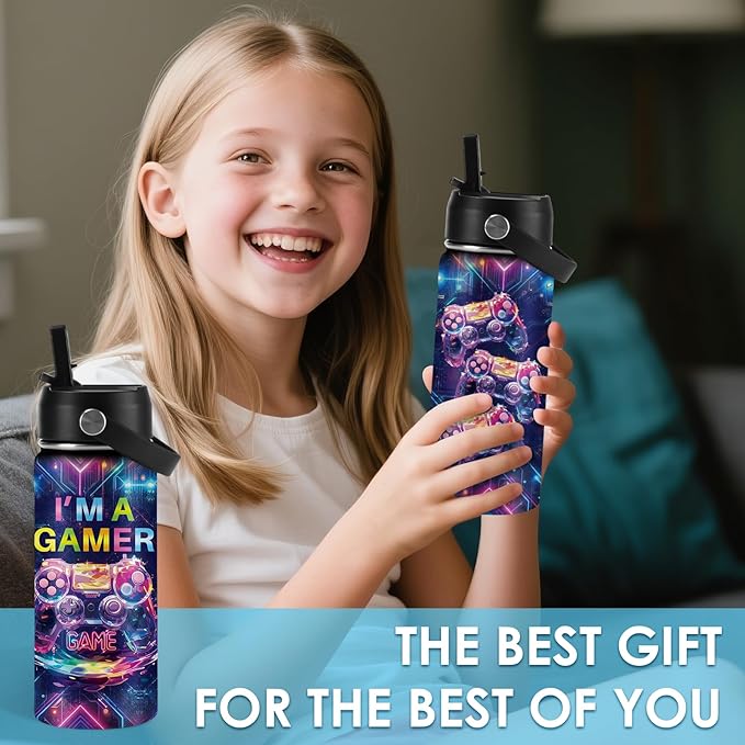 Game Gifts for Boy Girls - 16oz Kids Water Bottle with Straw, I'm A Gamer Stainless Steel Water Bottles Insulated, BPA-free, Leak-proof, Gamer Tumbler for School, Travel - Game Lovers Gift Cup(1pc) - Bloomnest