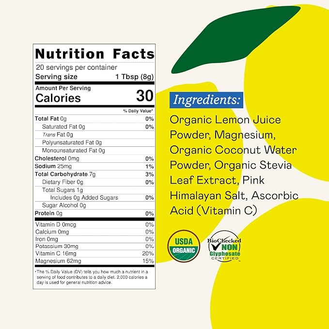 GOODONYA Organic Hydration Electrolyte Drink Mix, Certified Organic Hydration Powder, Non-GMO, Biochecked Glyphosate Free, Low Sugar, Lemonade Flavor, No Artificial Flavors, 20 Servings - Bloomnest