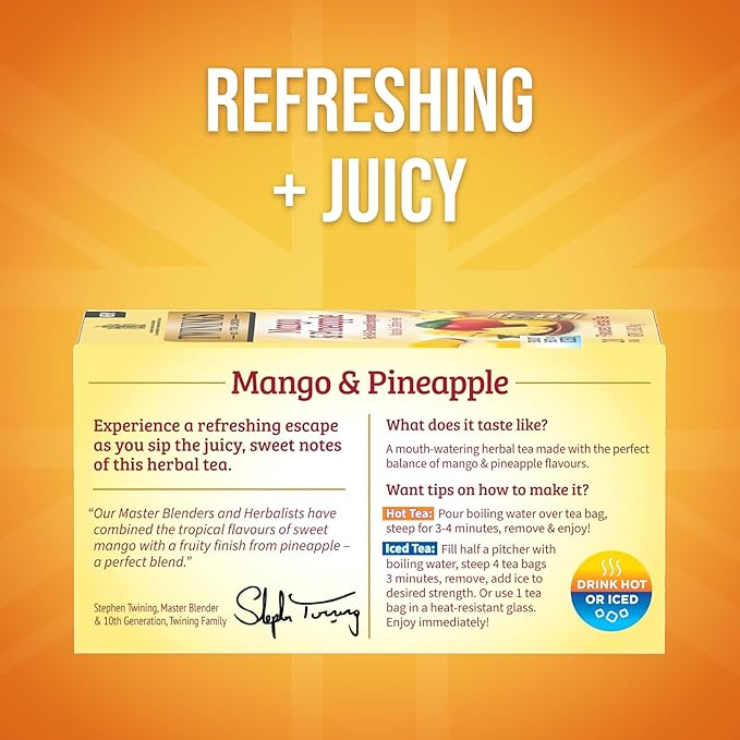 Twinings Mango & Pineapple Herbal Tea Individually Wrapped Bags, 20 Count (Pack of 2), Naturally Caffeine-Free, Enjoy Hot or Iced, 20 Teabags - Bloomnest