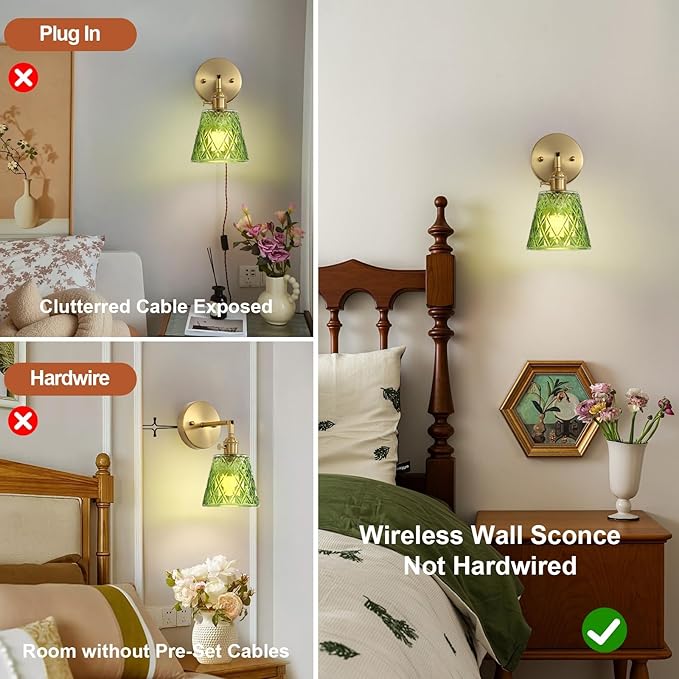 2 Pack Vintage Battery Operated Wall Sconces, Flower Green Lampshade & 180 Degree Adjustable, Wireless Rechargeable RGB Wall Light with Remote Control, for Bedroom Living Room Hallway Aisle - Bloomnest