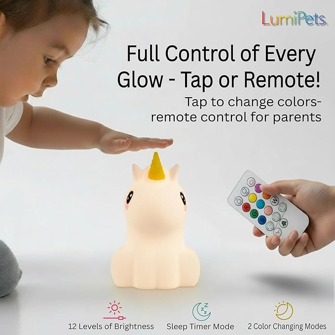 Lumipets Remote Control Silicone Night Light for Kids - Unicorn Design with 9 Soft Colors & Sleep Timer - Rechargeable, Battery-Operated Lamp for Bedroom | Baby Nursery, Toddler, Girls, Boys - Bloomnest