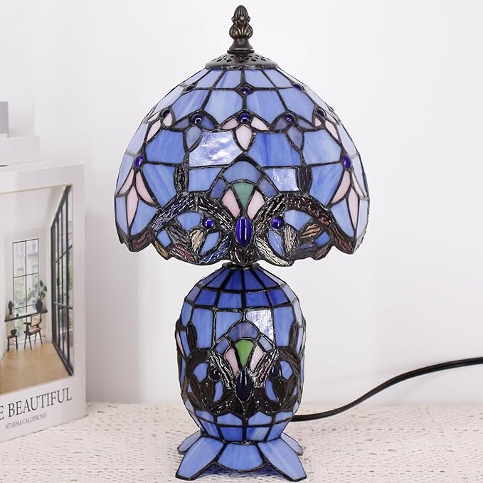 Small Tiffany Lamp Stained Glass Table Lamp Mini Mother Daughter Vase Desk Accent Light for Bedroom Bedside Reading Home Antique Style Decor 8X14 Inches (Blue Baroque) - Bloomnest