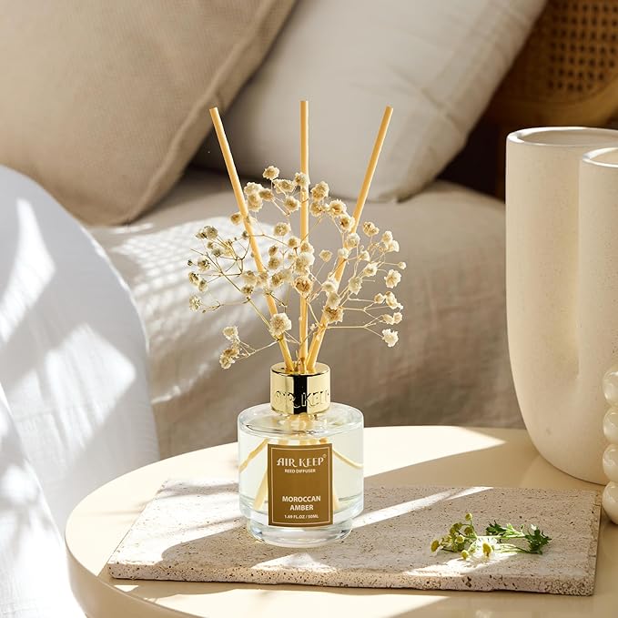 Airkeep Reed Diffuser Set of 3, Cinnamon Vanilla Lavender Field Moroccan Amber Oil Reed Diffusers for Bedroom Living Room Office Aromatherapy Oil Reed Diffuser for Gift 50ml x 3 - Bloomnest