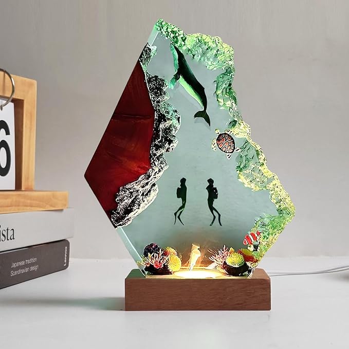 Humpback Whale Ocean Resin Lamp, Handmade Table Relaxing Mood Lamp with USB Port, Art Ornaments for Home Office Decor, Scuba Diver Gift for Birthday Holiday, Valentine's Day Gifts for Husband - Bloomnest