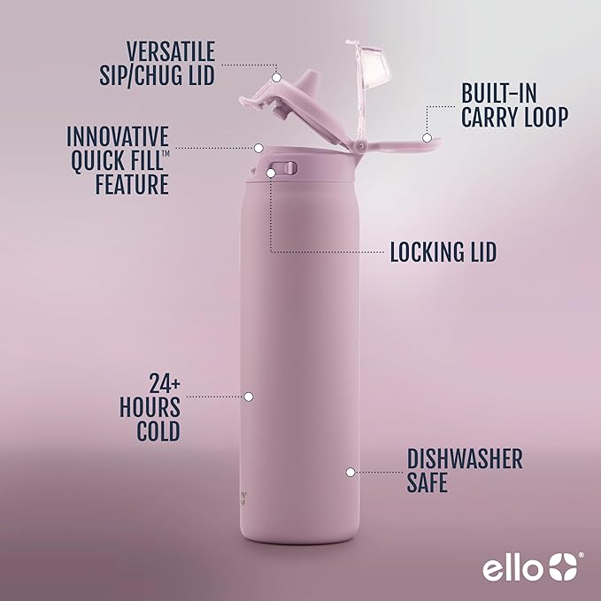 Ello Pop & Fill Insulated Stainless Steel Water Bottle with Quick Fill Lid, Leakproof Locking, Sip or Chug Spout, BPA-Free, Double Wall Vacuum Insulated for Sports, Travel & School- 22oz / 32oz / 40oz Ello
