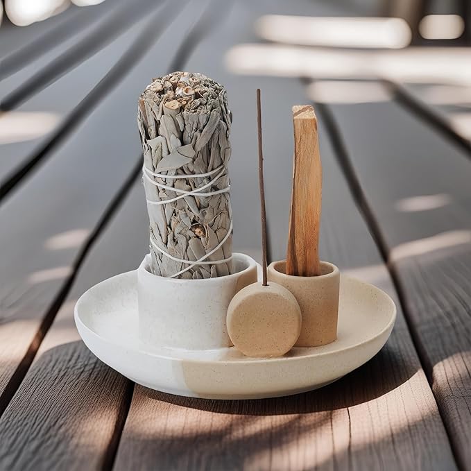 4 in 1 Incense Holder, Ceramic Incense Stick and Palo Santo Holder,Sage Holder for Burning- 5.5" Ceramic Ash Catcher Tray for Meditation and Yoga Room (White Sand) - Bloomnest