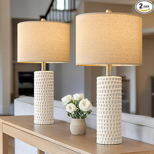 PORTRES 24" Farmhouse Ceramic Table Lamp Set of 2 for Bedroom Living Room White Desk Decor Bedside Lamps for Study Room Office Dorm Modern Accent Nightstand Lamp End Table Lamps - Bloomnest