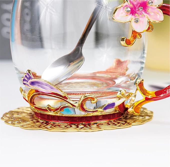 Flower Tea Cup ,Lily flower Clear Glass Fancy Coffee Mug with Spoon,Gift Box for Her Mom Wife Grandma Girls Friends Valentines Christmas Birthday Present Idea for Juice,Hot And Cold Drinks Use - Bloomnest