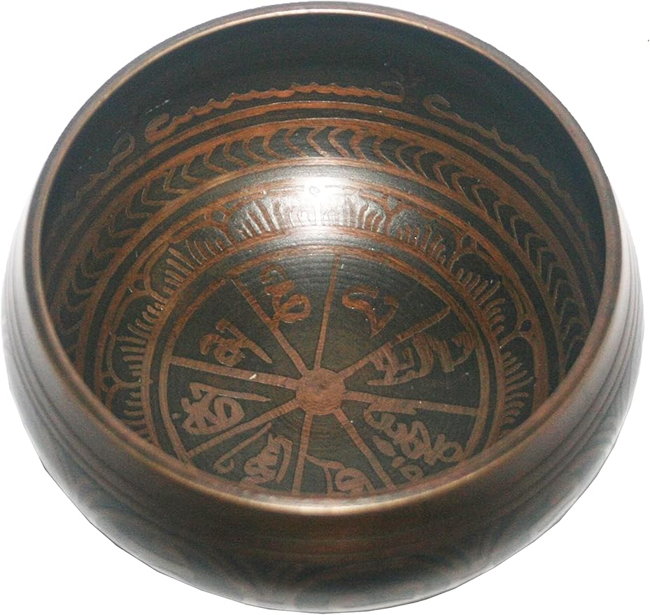 3380 SB Tibetan Auspicious Symbol Singing Bowl Set ~ Mallet Cushion Meditation Chakra Healing Prayer Yoga Mindfulness (SB-3380-G) - Bloomnest