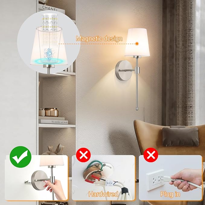 Battery Operated Wall Sconces Set Of 2, Wireless Battery Wall Light With 10000mAh RGB Rechargeable Magnetic Bulb, Rechargeable Wall Sconce With Remote Control For Bedroom, No Electrician Required - Bloomnest