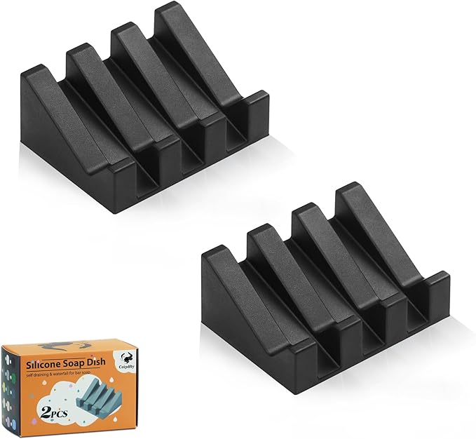 Self Draining Soap Dish Holder,Silicone Soap Dish,for Bathroom,Kitchen, Sponges，Can Extend Soap Life，Keep Soap Bars Dry and Easy Cleaning (Black,2-Pack) - Bloomnest