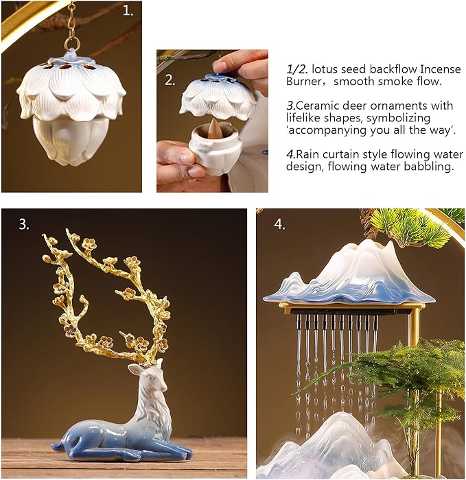 Desk Waterfall Fountain Indoor Ceramic Deer Sculpture,Tabletop Mini Water Fountain with Mist，Adjustable LED Light Ring and Backflow Incense Burner Holder(PQLU001) - Bloomnest