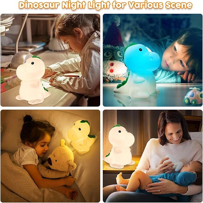 Kids Night Light Dinosaur Bedside Nursery Touch Lamp Dimmable with 7 Color Changing, Soft Squishy Silicone Cute Dino Night Lights Gifts for Kids Baby Room, Rechargeable for All-Night Use - Bloomnest